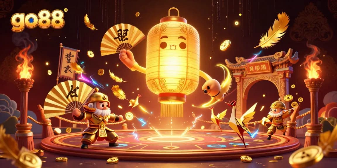 Experience the excitement of go88 as the golden lantern spirit floats above a lively casino, surrounded by vibrant game elements.