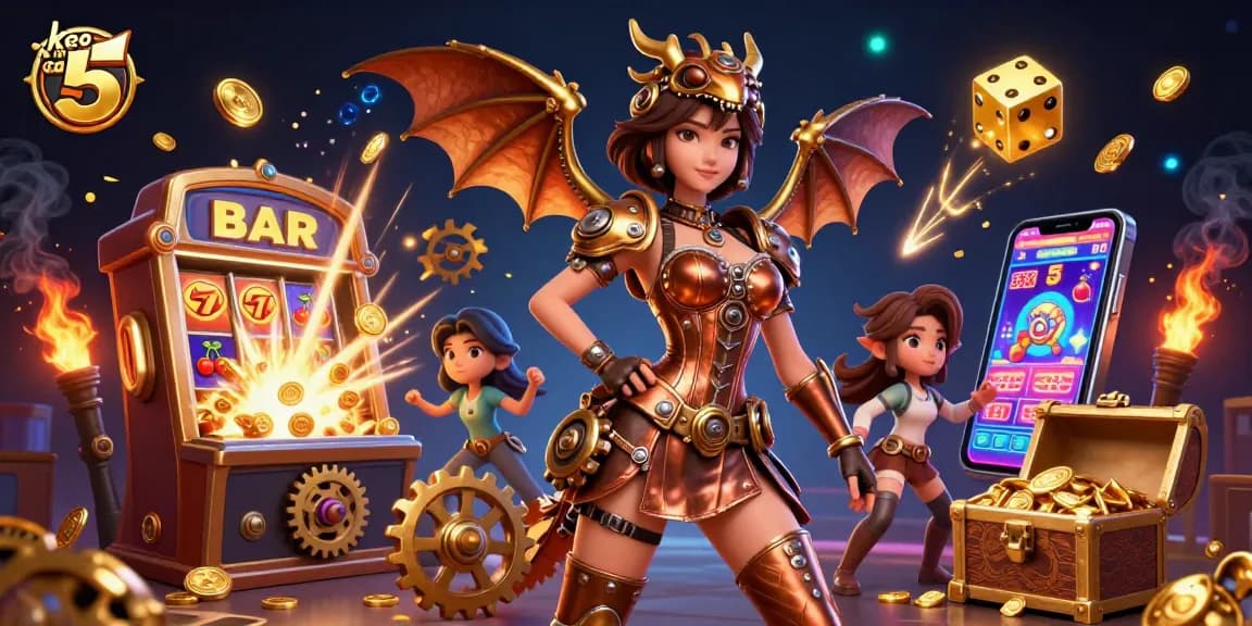 Experience thrilling wins with keo nha cai 5 as a stunning lady and clockwork dragon celebrate amidst vibrant casino elements.