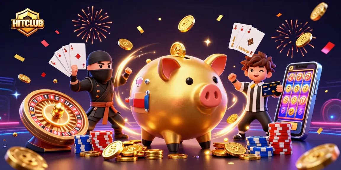 Engage with HITCLUB as the golden piggy bank sumo wrestler celebrates with coins in a dynamic casino scene.
