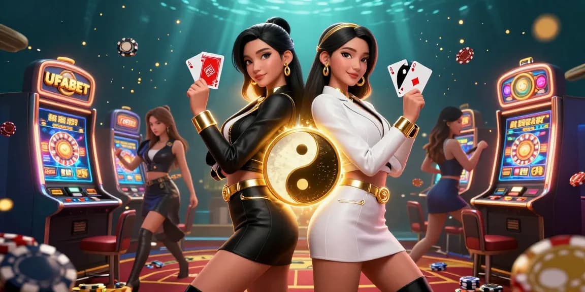 Playcards in the hands of UFABET champions frame a vibrant casino scene.