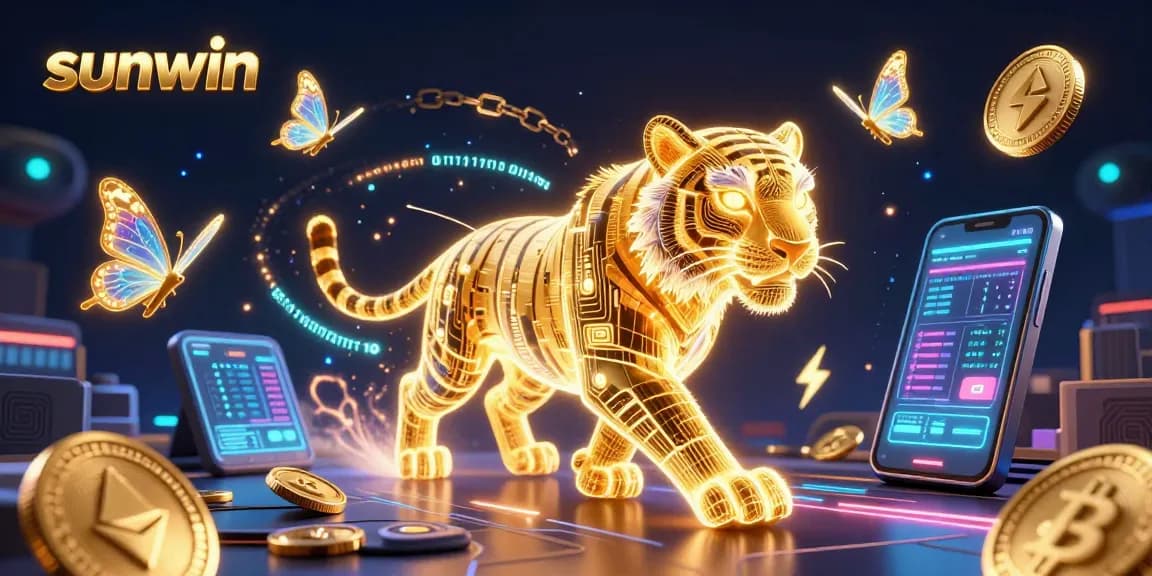 Play and win exciting games at Sunwin, featuring vibrant visuals of the golden tiger and cryptocurrency elements.