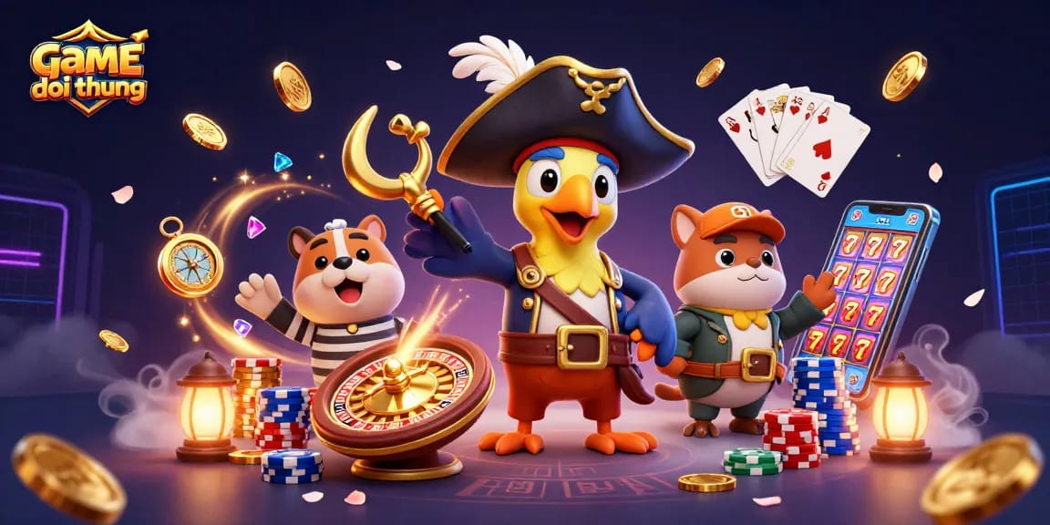 Engage with game bai doi thuong in a vibrant 3D casino illustration filled with action and rich details.