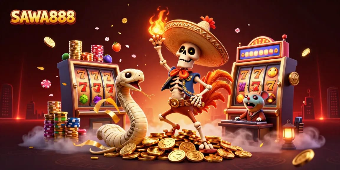 Celebrate big wins with SAWA888 featuring a lively victory scene of characters enjoying a casino atmosphere.
