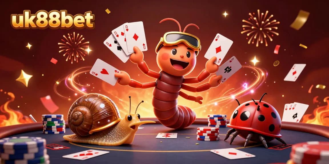 Experience excitement in uk88bet with a vibrant 3D poker scene featuring animated characters and festive elements.