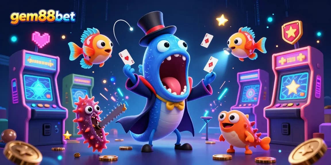 Experience the thrill of gaming at gem88bet with a 3D illustration showcasing fantastical sea creatures and casino elements.