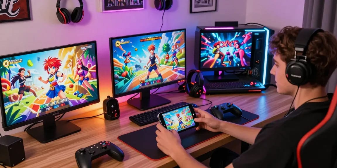 Exciting scene of gamers playing hentai games on mobile devices, surrounded by vibrant anime art and accessories.