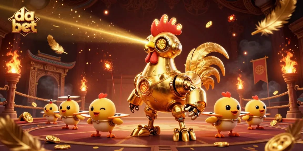 Engage with the da bet scene featuring a golden rooster robot and baby chick drones in a vibrant casino atmosphere.