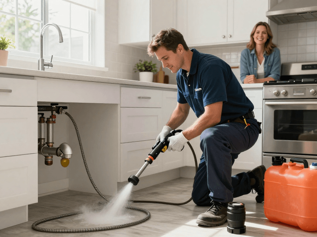 Expert plumber performing drain cleaning Fort Worth with high-pressure tools in a bright kitchen.