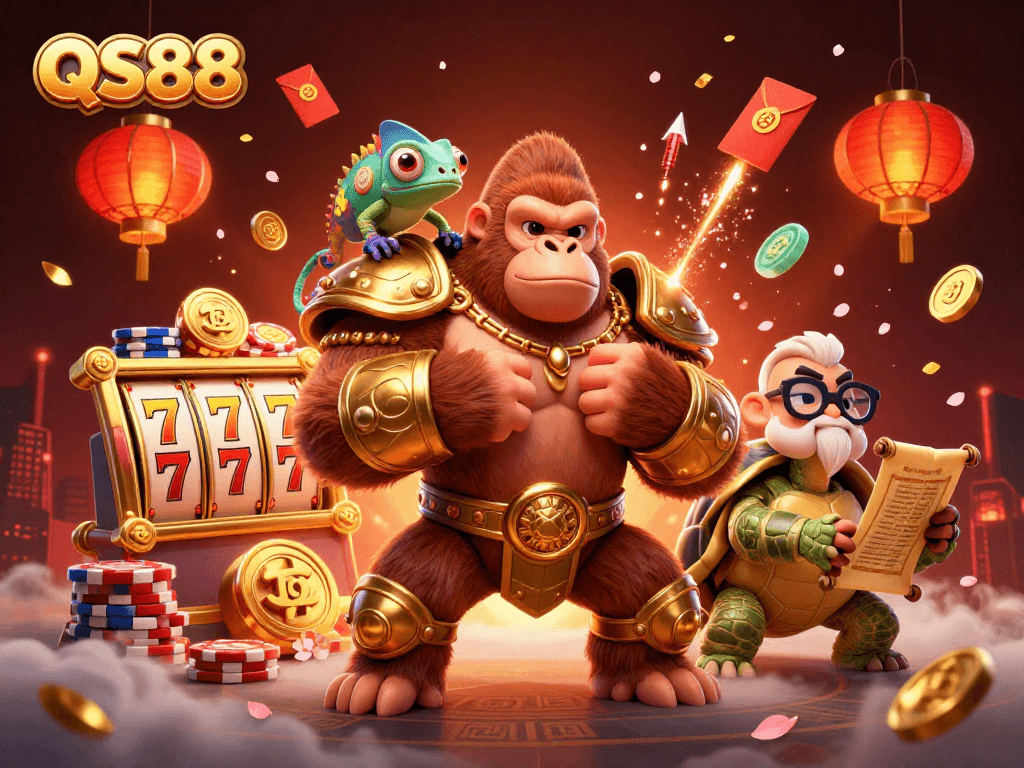Experience thrilling wins with QS88 in this vibrant 3D casino scene featuring captivating characters and games.