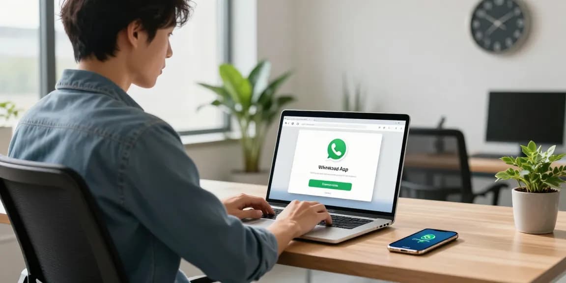 Downloading WhatsApp下載 on a modern laptop in a sleek office environment, showcasing technology use.