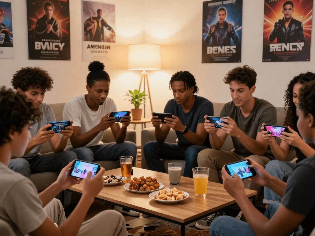Group enjoying mobile porn games together in a cozy living room.