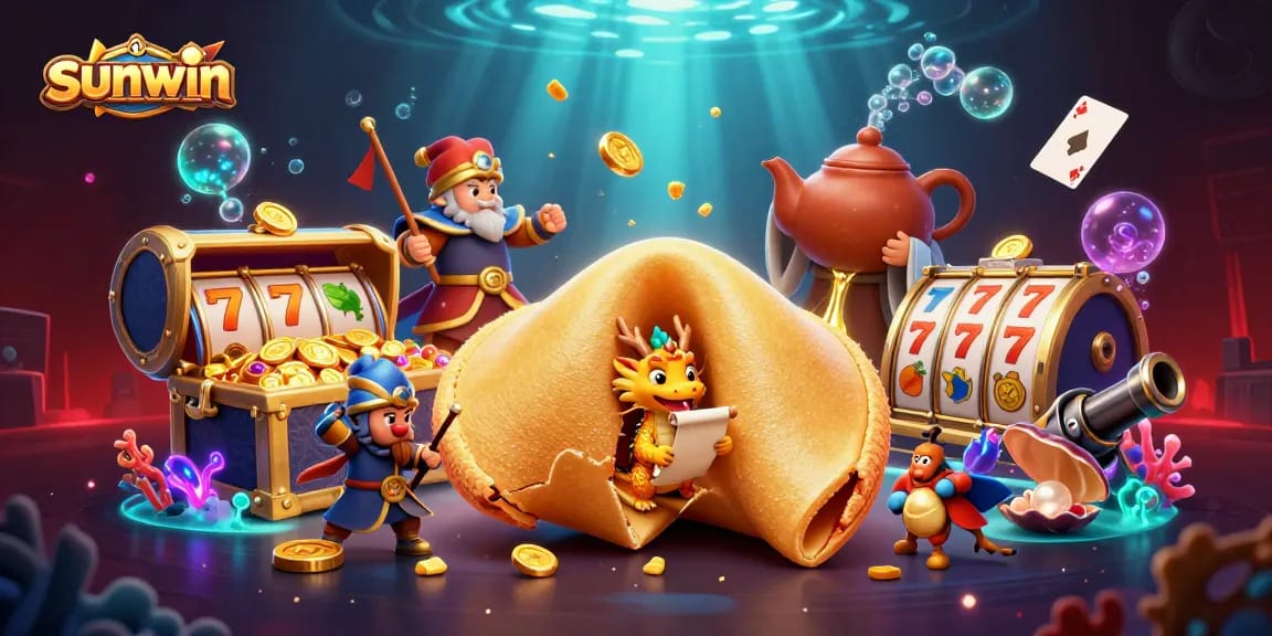 Experience thrilling wins at sunwin with a vibrant scene including slot reels, treasure chests, and more!