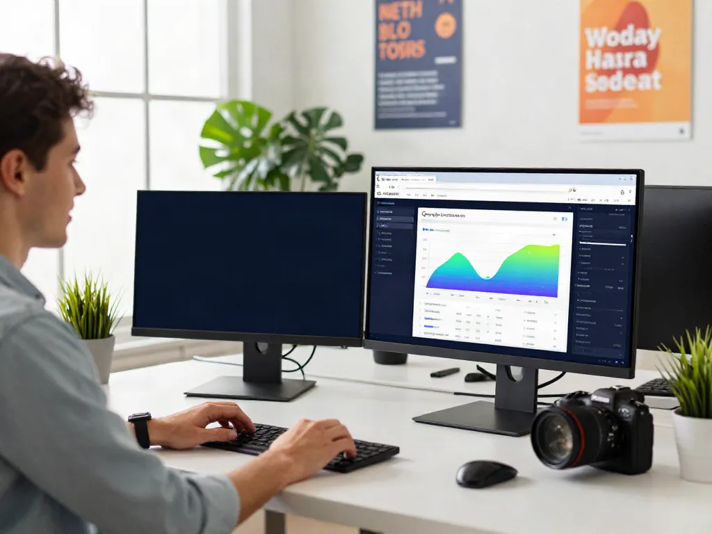 Digital marketing workspace showcasing instant indexing tools and analytics on monitors.