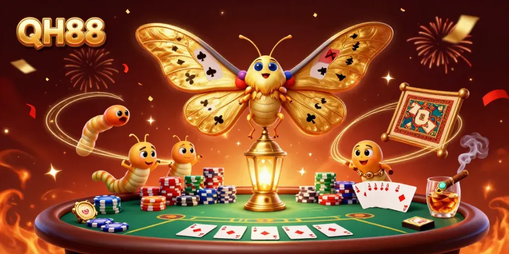 Engage in winning strategies at QH88 Casino with an immersive poker scene and vibrant motifs.