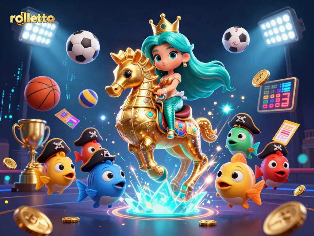 Experience excitement with rolletto's vibrant scene featuring a mermaid, giant seahorse, and dynamic casino elements.