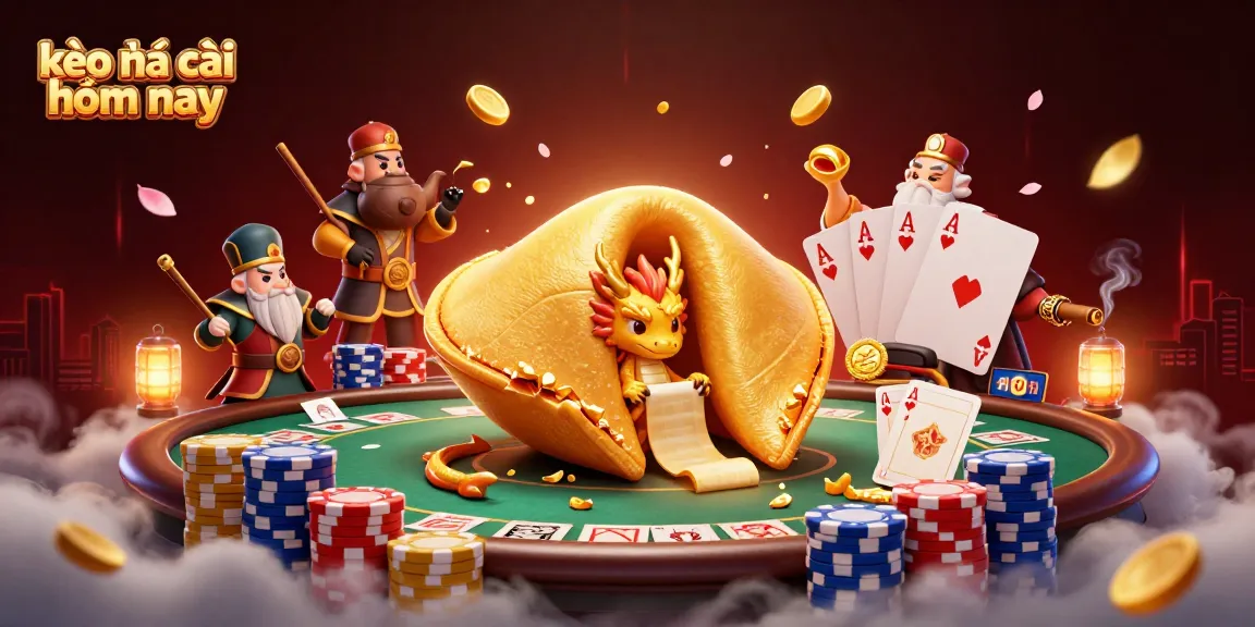 Engage in kèo nhà cái hôm nay with this vibrant 3D illustration, showcasing fortune cookies, dragons, and casino elements.