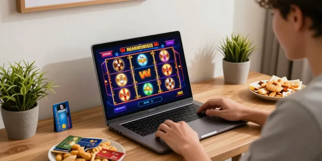 Player enjoying slots that accept credit cards at home, vibrant gaming setup with colorful screen.