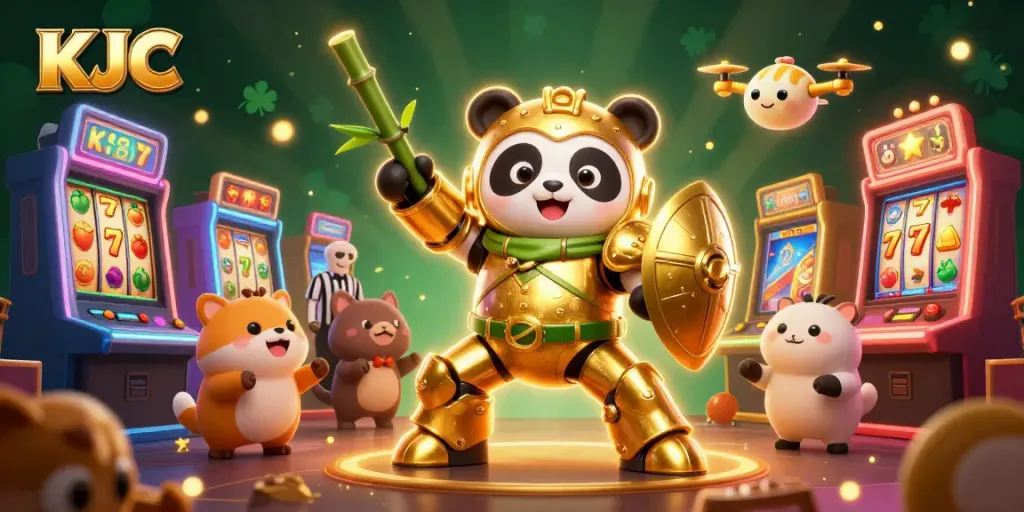 KJC showcases a vibrant casino scene with a mech-suit panda character, engaging with colorful slot machines, creating an exciting atmosphere.