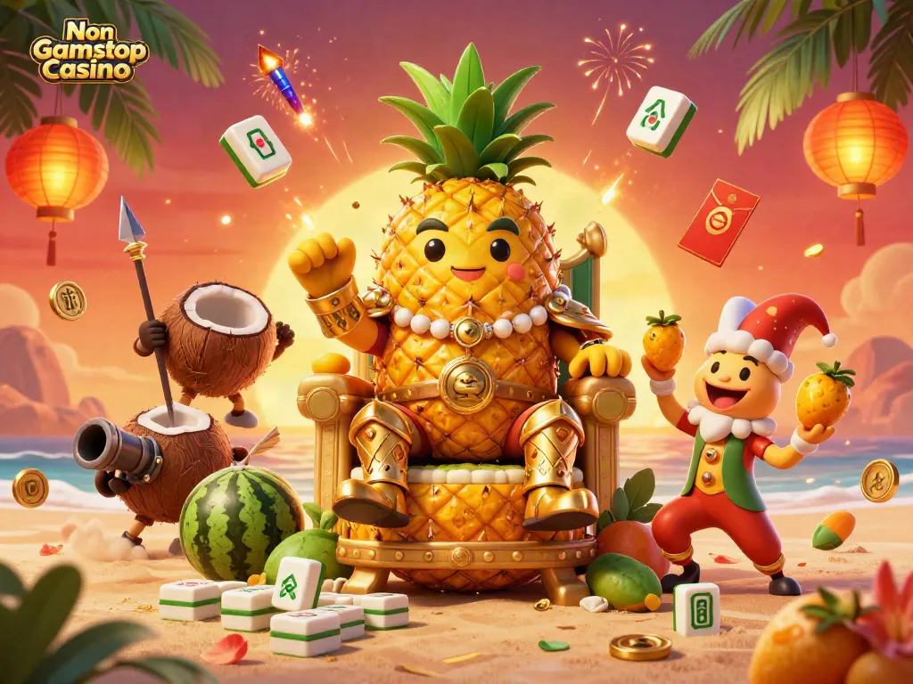 Engage with the vibrant scene of Non Gamstop Casino featuring a pineapple king and festive elements.