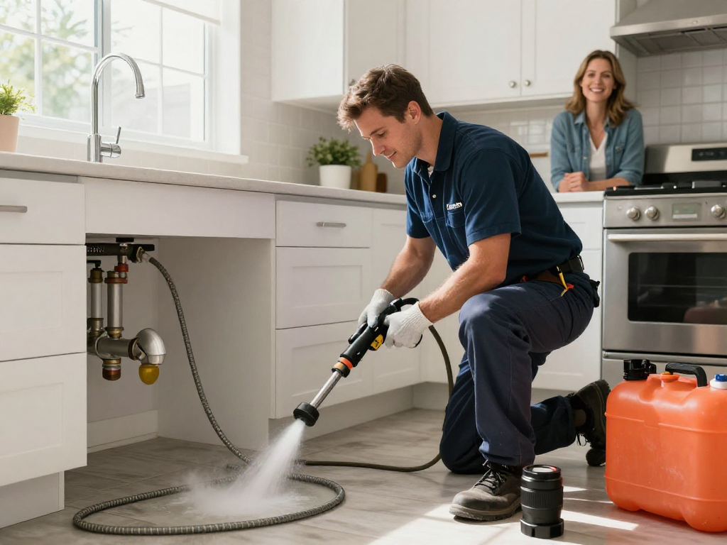 Expert plumber performing drain cleaning Fort Worth with high-pressure tools in a bright kitchen.