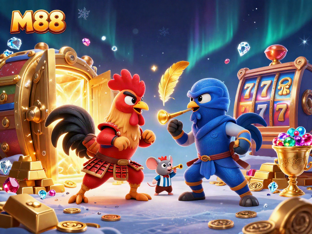 M88 hosts an epic showdown of cartoon roosters in a dynamic casino battle with treasure.
