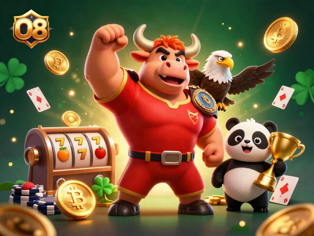 O8 showcases a victory with a powerful bull mascot in a vibrant casino scene filled with slot reels and golden trophies.