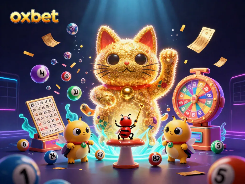 Oxbet's vibrant casino-themed illustration showcases a lucky cat surrounded by dynamic game elements, highlighting engaging gambling action.