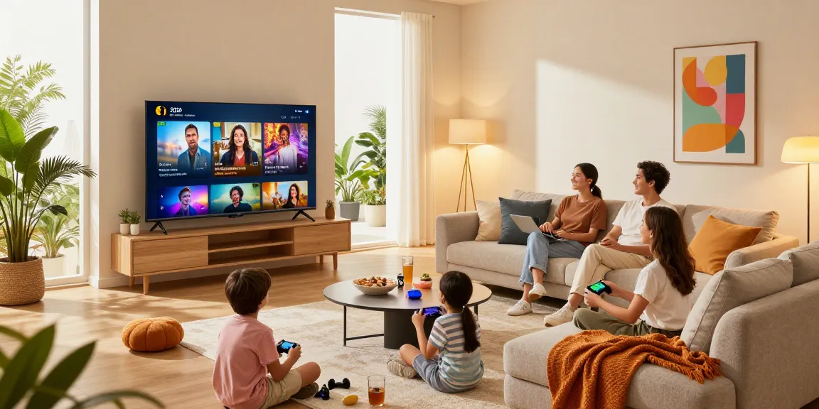 Family enjoying a sleek smart TV 2026 in a modern living room with vibrant atmosphere.