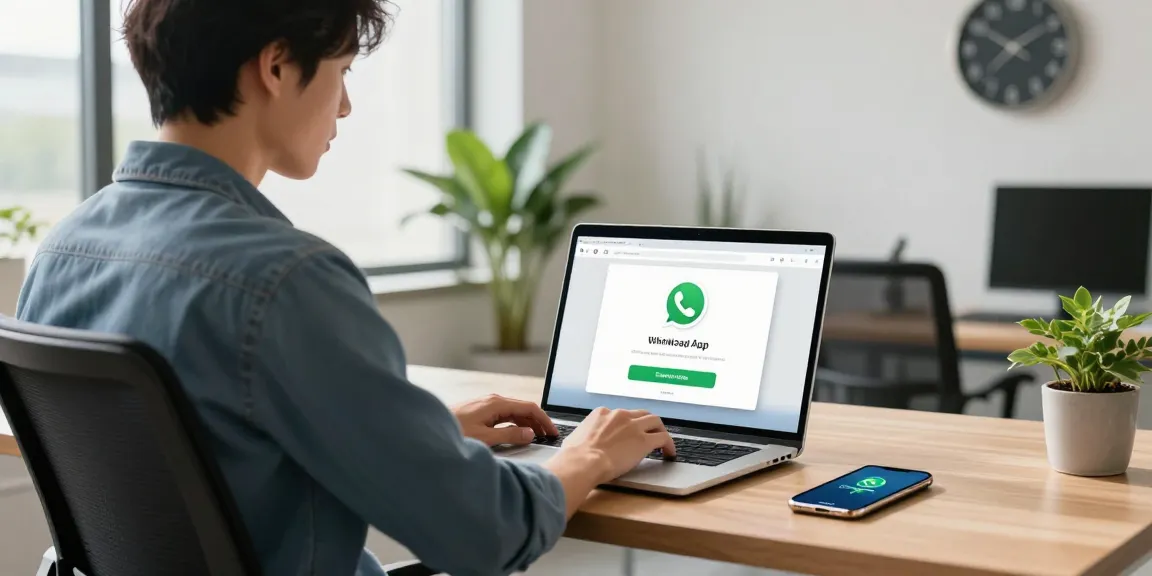 Downloading WhatsApp下載 on a modern laptop in a sleek office environment, showcasing technology use.