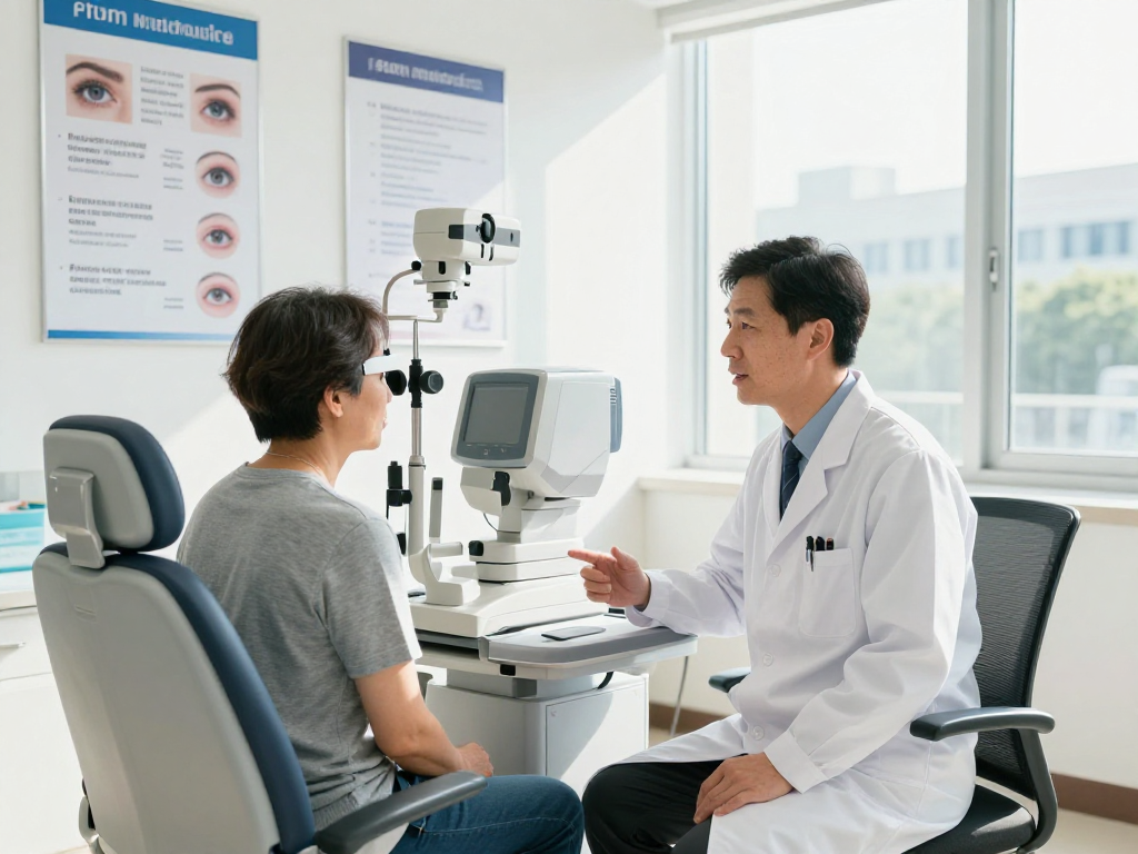 Ophthalmologist discussing vision correction and eye care options with a patient in a modern clinic.