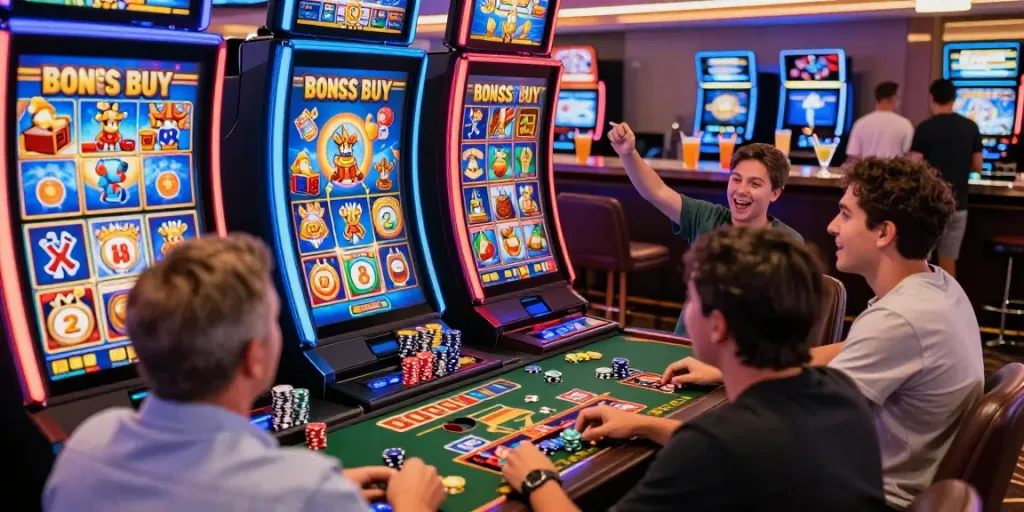 Exciting Bonus Buy slots experience at https://stargazyinn.co.uk with diverse players engaging in vibrant casino atmosphere.