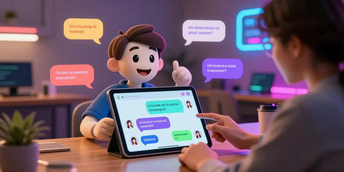 Engaging AI nsfw chat scene with a friendly character and user in a vibrant digital chatroom.
