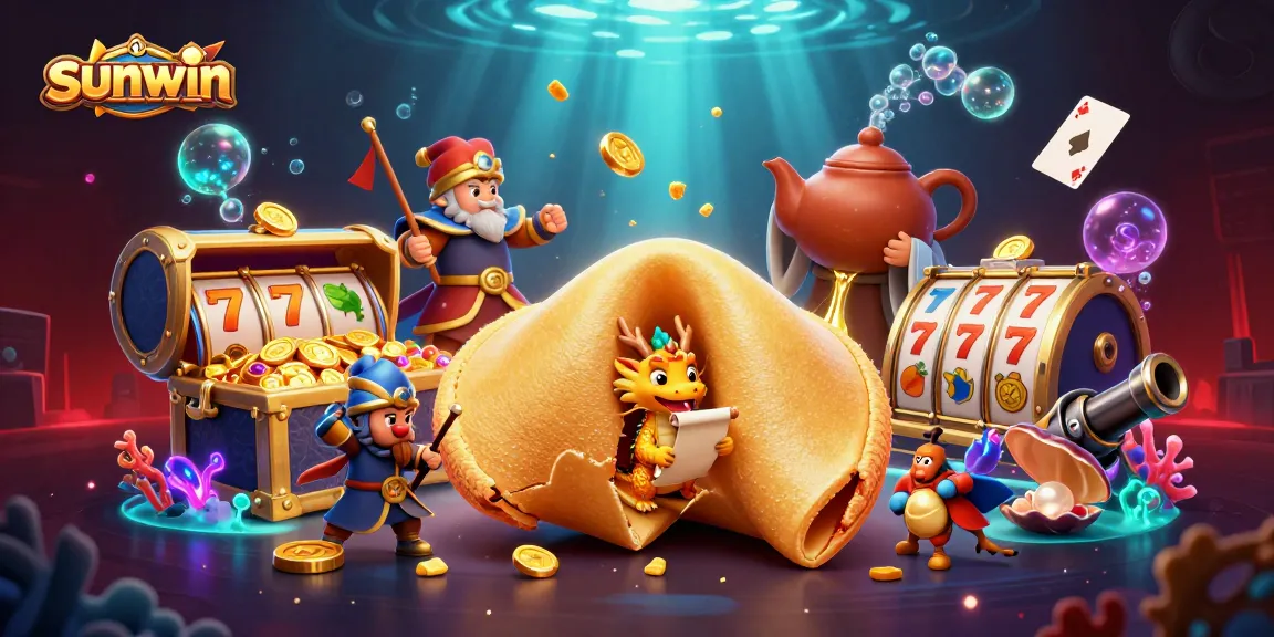 Experience thrilling wins at sunwin with a vibrant scene including slot reels, treasure chests, and more!