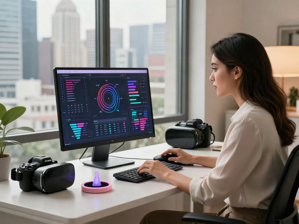 Professional woman analyzing data on sex AI trends in a modern workspace.