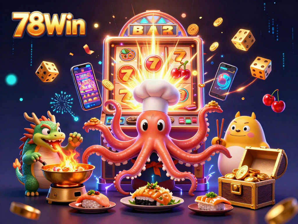 Engage with thrilling action at 78Win's casino featuring a vibrant octopus chef and engaging slot elements.
