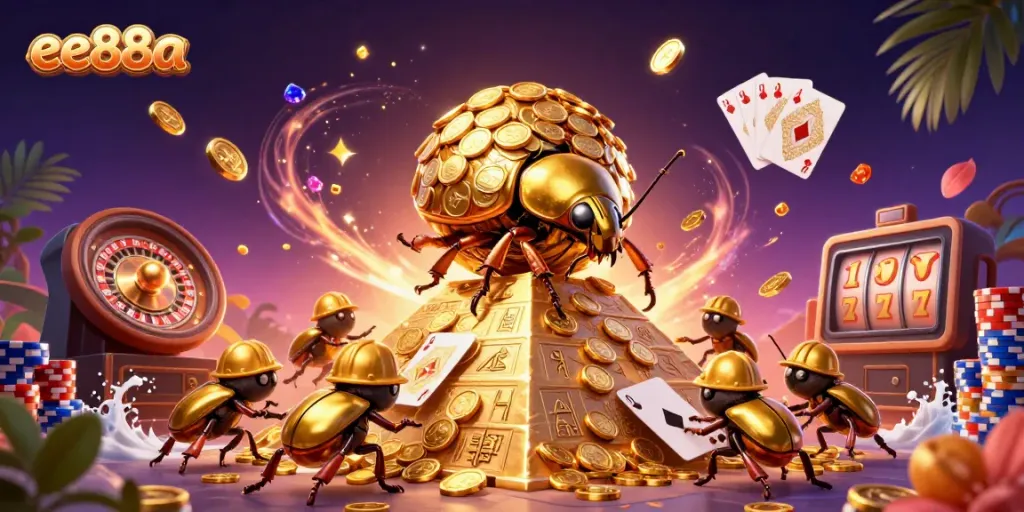 Engaging ee88a casino illustration with golden beetles, coins, and gaming elements.