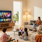Family enjoying a sleek smart TV 2026 in a modern living room with vibrant atmosphere.