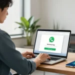 Downloading WhatsApp下載 on a modern laptop in a sleek office environment, showcasing technology use.