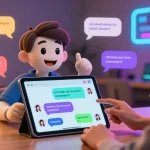 Engaging AI nsfw chat scene with a friendly character and user in a vibrant digital chatroom.
