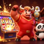 Cổng game Sunwin highlights a lively casino scene with a victorious bull mascot, eagle, and panda celebrating together.
