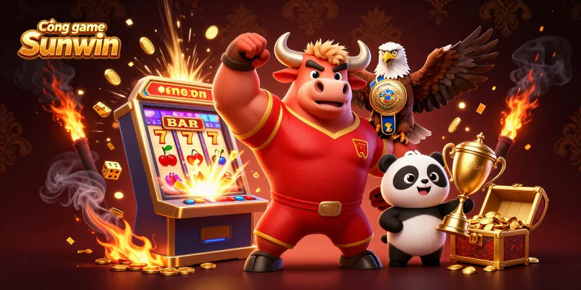 Cổng game Sunwin highlights a lively casino scene with a victorious bull mascot, eagle, and panda celebrating together.