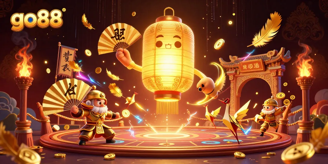 Experience the excitement of go88 as the golden lantern spirit floats above a lively casino, surrounded by vibrant game elements.