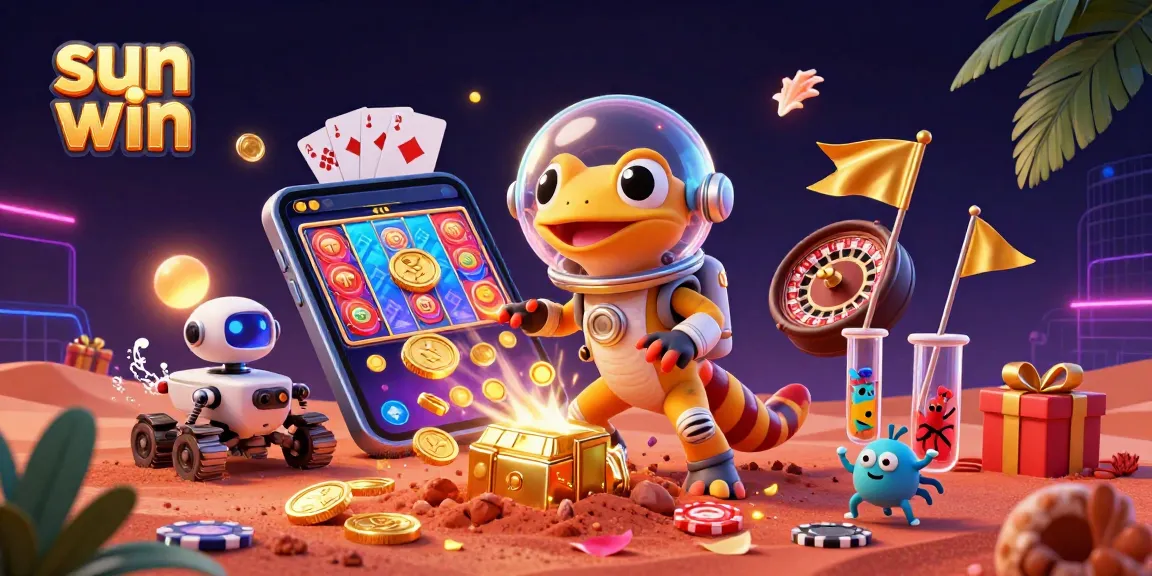 Engage in fun with sun win as the Martian gecko explores a golden casino in a colorful, dynamic scene.