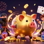 Engage with HITCLUB as the golden piggy bank sumo wrestler celebrates with coins in a dynamic casino scene.