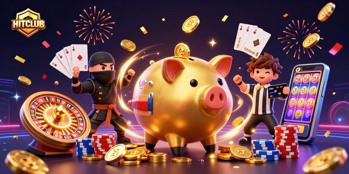 Engage with HITCLUB as the golden piggy bank sumo wrestler celebrates with coins in a dynamic casino scene.