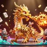 SUNWIN dragon breathing gears and cogs with gold Mahjong, lanterns, and fireworks, capturing the essence of gaming excitement.