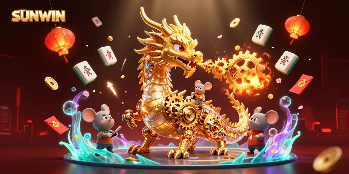 SUNWIN dragon breathing gears and cogs with gold Mahjong, lanterns, and fireworks, capturing the essence of gaming excitement.