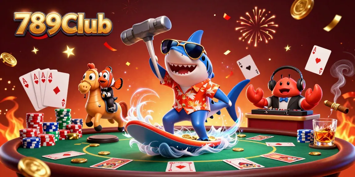 Experience the thrill at 789Club with dynamic casino characters amidst poker elements and celebration.