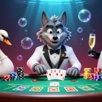 Play card games at sun win with a debonair wolf and elegant swan in a lively casino scene.