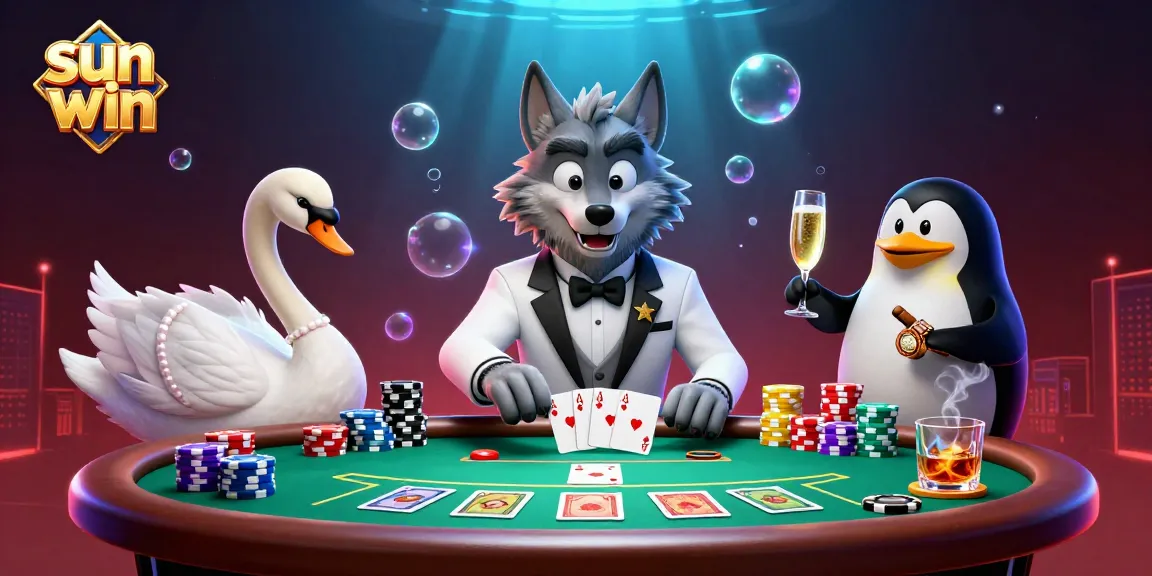 Play card games at sun win with a debonair wolf and elegant swan in a lively casino scene.